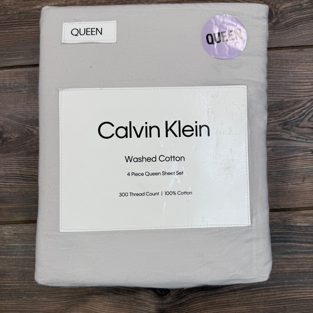 Calvin Klein Washed Cotton Queen Sheet‎ Set 4pc 300TC Grey NEW